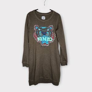 Kenzo Paris Jungle Tiger Sweatshirt Dress Green Pockets 100% Cotton Womens Large